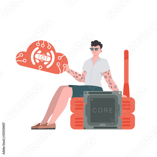 The guy sits on the router and holds the internet of things logo in his hands. IoT concept. Isolated. Trendy flat style. Vector.