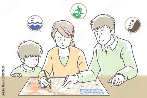 ハザードマップで避難経路を確認する家族のイラスト