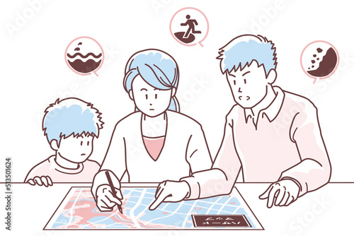 ハザードマップで避難経路を確認する家族のイラスト