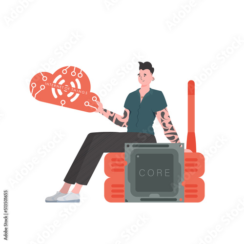 The guy sits on the router and holds the internet of things logo in his hands. IoT concept. Isolated. Vector illustration.