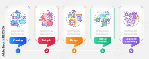 Life skills rectangle infographic template. Abilities and talents. Data visualization with 5 steps. Editable timeline info chart. Workflow layout with line icons. Myriad Pro-Bold, Regular fonts used