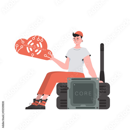 The guy sits on the router and holds the internet of things logo in his hands. Internet of things and automation concept. Isolated. Vector illustration in flat style.