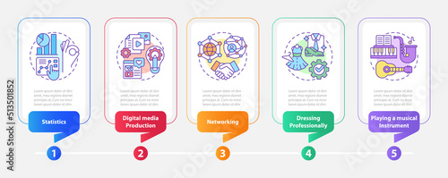 Professional skills rectangle infographic template. Career. Data visualization with 5 steps. Editable timeline info chart. Workflow layout with line icons. Myriad Pro-Bold, Regular fonts used