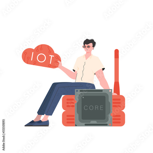 The guy sits on the router and holds the internet of things logo in his hands. Internet of things concept. Isolated. Vector illustration in flat style.
