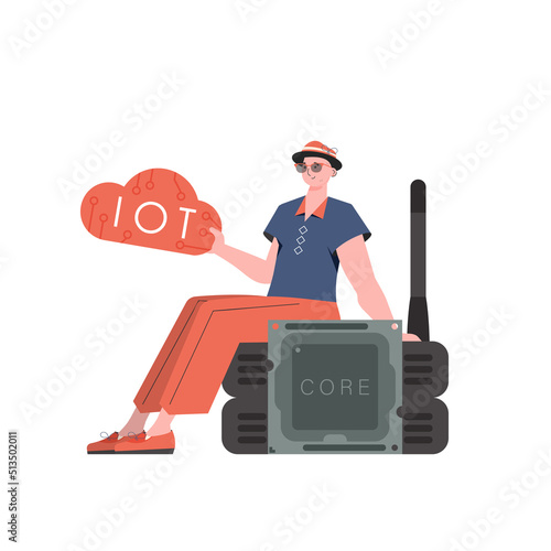 The guy sits on the router and holds the internet of things logo in his hands. Internet of things concept. Isolated. Trendy flat style. Vector.