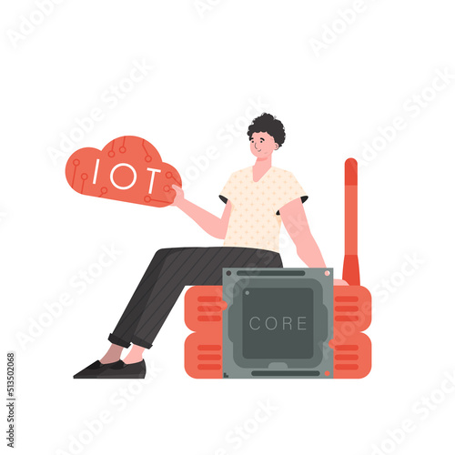 The guy sits on the router and holds the internet of things logo in his hands. Internet of things concept. Isolated. Vector illustration.