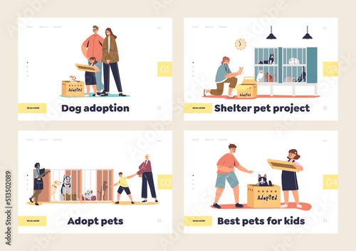 Adopting pets from shelter template landing pages set with happy families taking dogs and cats home