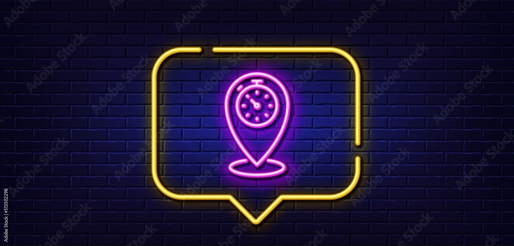 Neon light speech bubble. Timer line icon. Time sign. Location pointer symbol. Neon light background. Timer glow line. Brick wall banner. Vector Neon light speech bubble. Timer line icon. Time sign. Location pointer symbol. Neon light background. Timer glow line. Brick wall banner. Vector
