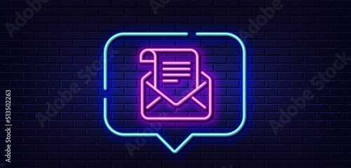 Neon light speech bubble. Mail newsletter line icon. Read Message correspondence sign. E-mail symbol. Neon light background. Mail newsletter glow line. Brick wall banner. Vector