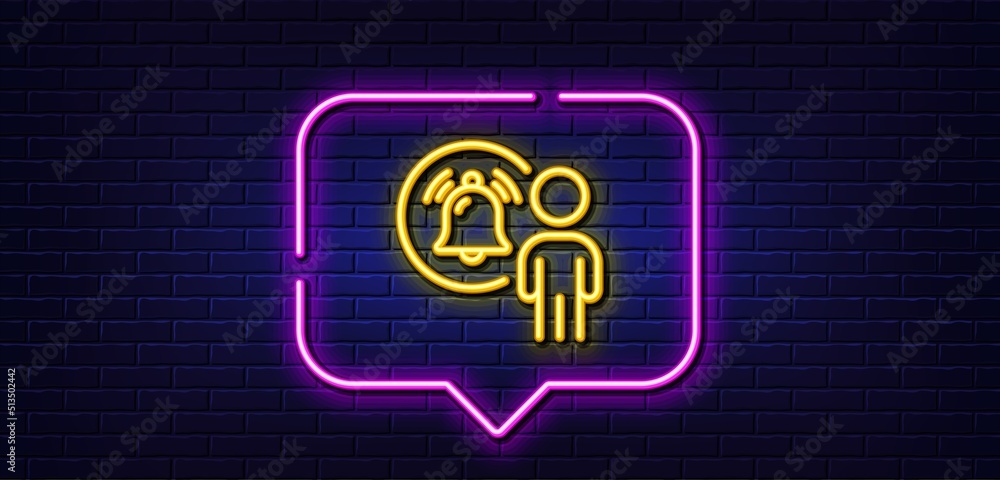 Neon light speech bubble. User notification line icon. Alarm bell reminder sign. Message alert symbol. Neon light background. User notification glow line. Brick wall banner. Vector Neon light speech bubble. User notification line icon. Alarm bell reminder sign. Message alert symbol. Neon light background. User notification glow line. Brick wall banner. Vector