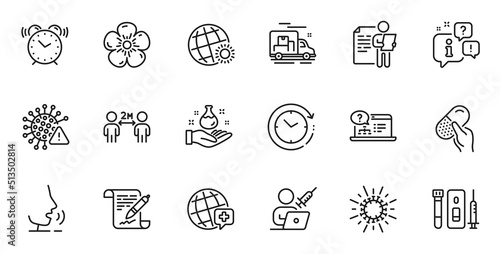 Outline set of Chemistry lab, Online help and Capsule pill line icons for web application. Talk, information, delivery truck outline icon. Vector