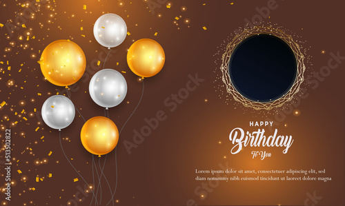 Happy Birthday Template Golden Silver balloons confetti lights background with frame , Birthday wish design for company and personal greeting