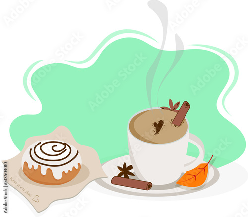 vector illustration cinnamon coffee and a pie