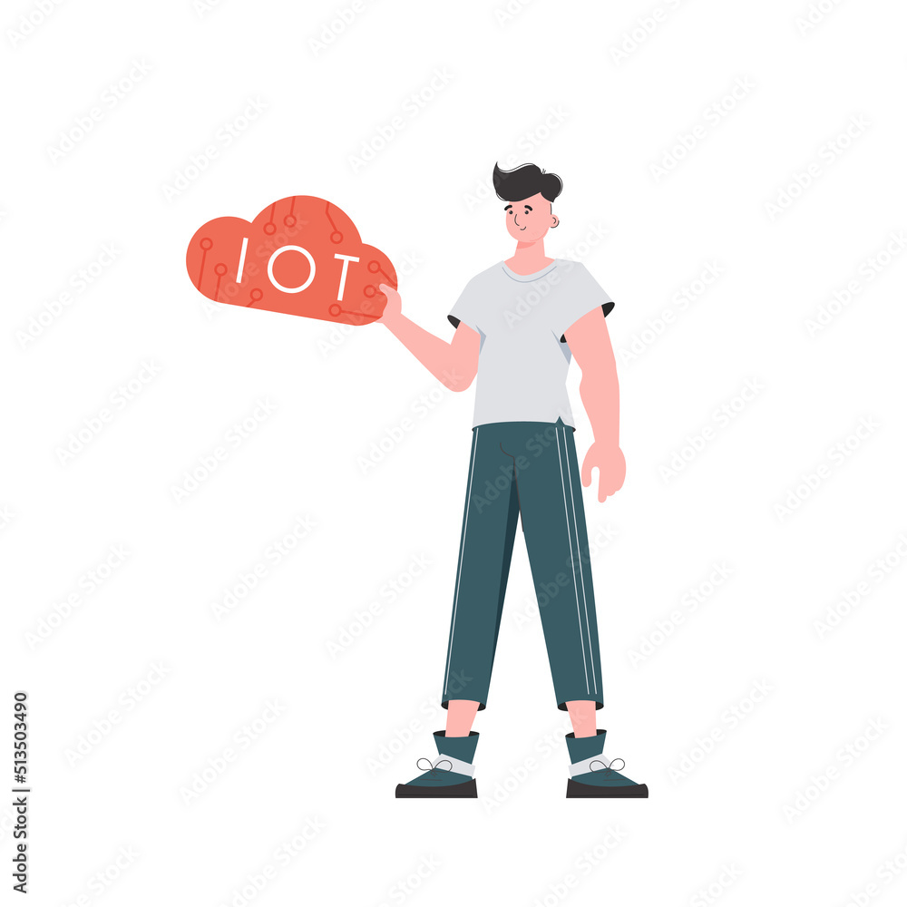 The guy holds the IoT logo in his hands. Internet of things concept. Isolated. Vector illustration in flat style. The guy holds the IoT logo in his hands. Internet of things concept. Isolated. Vector illustration in flat style.