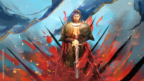 A divine holy knight in heavy golden armor holds a sharp blade in his hands. his eyes are glowing yellow, and flags are flying behind him. A magical red fire enveloped his body . 2d art