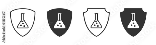 Chemical resistant icon. Shield with flask. Protection against chemistry. Vector illustration.