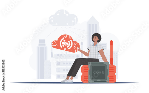 IoT concept. The guy sits on the router and holds the internet of things logo in his hands. Vector illustration in trendy flat style.