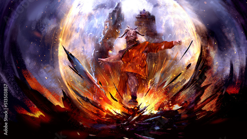 A minotaur with large horns on his head hits the stones with his hoof and causes a shock wave of magical flame. behind him, the ruins of the temple are visible, and sparks fly into the air. 2d art photo