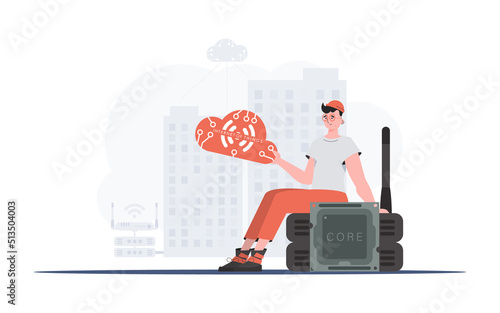 Internet of things and automation concept. The guy sits on the router and holds the internet of things logo in his hands. Vector illustration in flat style.