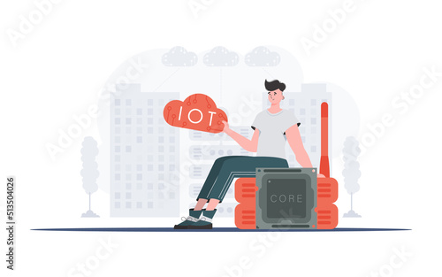 Internet of things concept. The guy sits on the router and holds the internet of things logo in his hands. Vector illustration in trendy flat style.