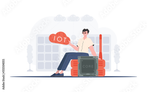 Internet of things concept. The guy sits on the router and holds the internet of things logo in his hands. Vector illustration in flat style.