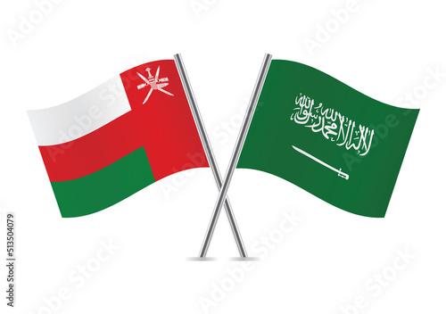 Oman and Saudi Arabia crossed flags. Omani and Saudi Arabian flags on white background. Vector icon set. Vector illustration.