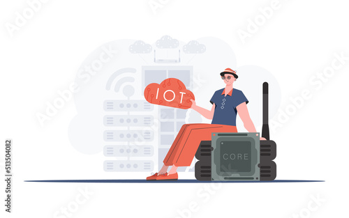 Internet of things concept. The guy sits on the router and holds the internet of things logo in his hands. Trendy flat style. Vector.