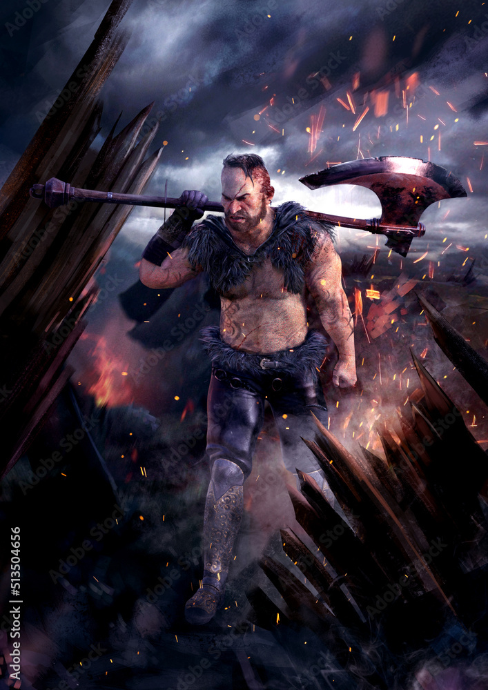 a Viking warrior holds a huge axe in his hands, he has tattoos all over ...