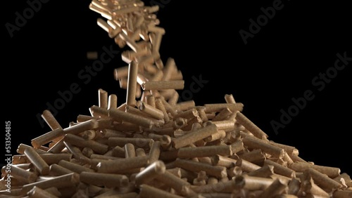 wood pellet heating; falling wood pellets against black background. Animation about wood pellet heating and renewable energy sources