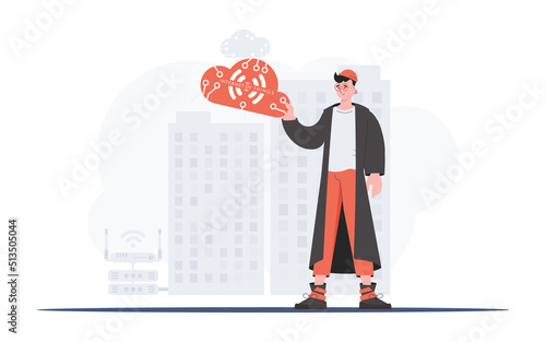 The guy is holding an internet thing icon in his hands. IOT and automation concept. Good for presentations and websites. Vector illustration.