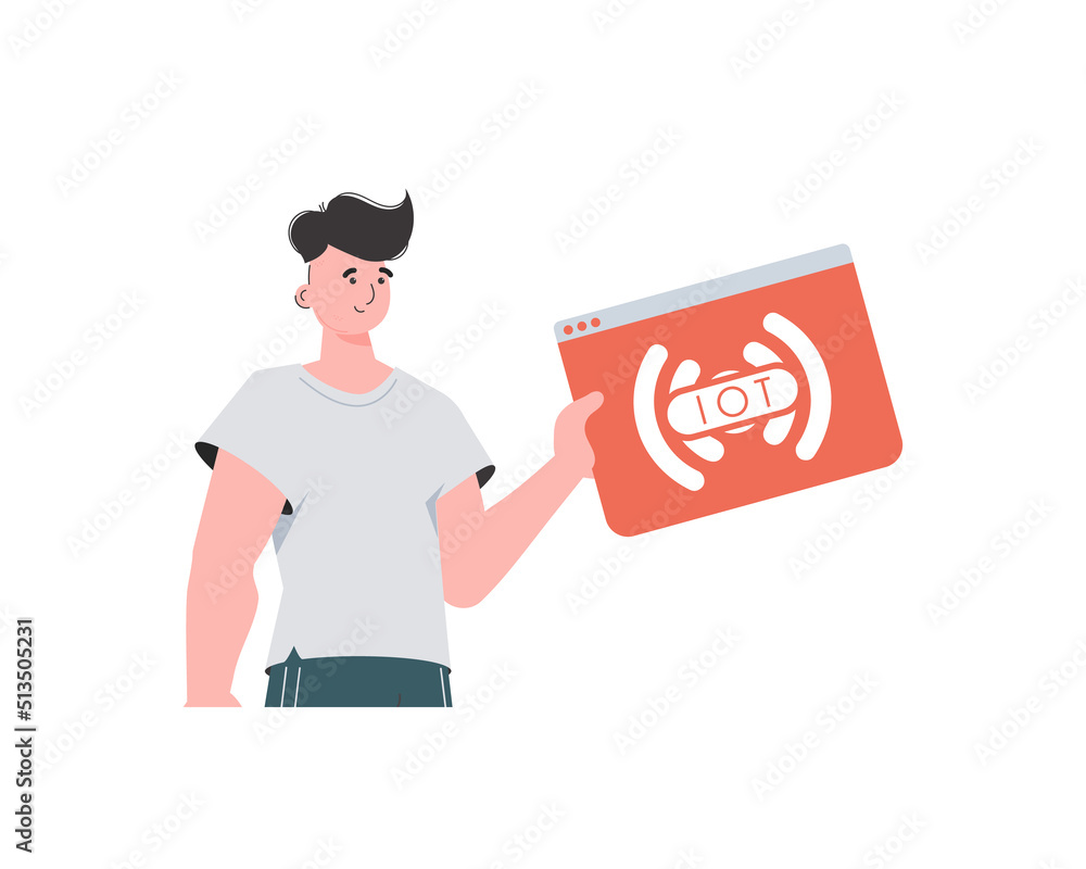 The guy holds the IoT logo in his hands. Internet of things and automation concept. Isolated. Vector. The guy holds the IoT logo in his hands. Internet of things and automation concept. Isolated. Vector.
