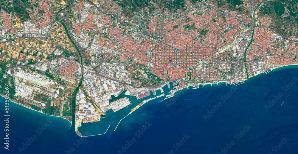 Barcelona on satellite image, data processed by Maciej Jurzyk  - obrazy, fototapety, plakaty 
