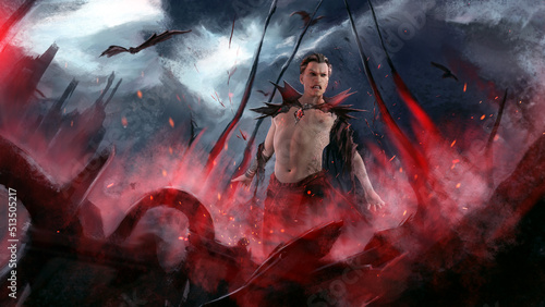 a vampire wizard with a bare torso, dressed in torn clothes, stands in a cemetery and uses blood magic. bats and clouds are flying in the background, and sparks are floating in the air. 2d art