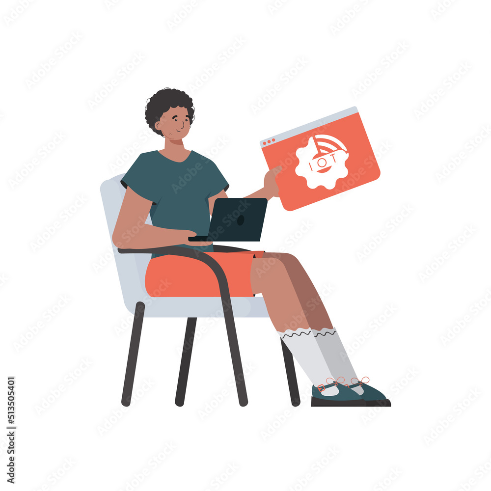 A man holds an IoT logo in his hands. Internet of things concept. Isolated. Vector illustration in flat style. A man holds an IoT logo in his hands. Internet of things concept. Isolated. Vector illustration in flat style.