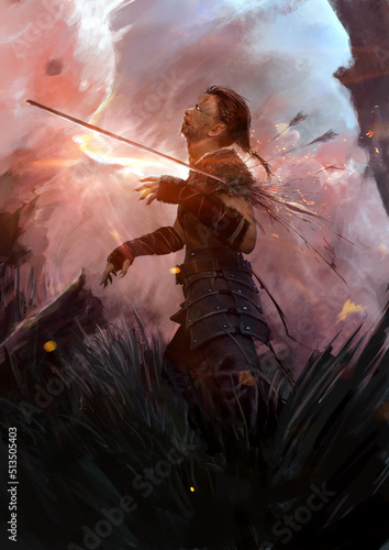 A bloody zombie warrior stands on a flower field against the background of sunset and beautiful clouds. he was wounded by an arrow in the shoulder, and blood splashes are flying. 2d art