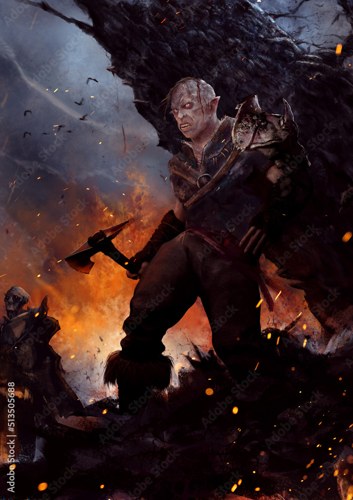 An orc with a crippled face holds an axe in his hands, he is dressed in light leather armor with fur. in the background is a huge tree and a burning bonfire. next to him is a group of bandits. 2d art An orc with a crippled face holds an axe in his hands, he is dressed in light leather armor with fur. in the background is a huge tree and a burning bonfire. next to him is a group of bandits. 2d art
