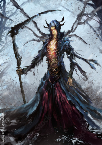 a reaper of death in a hood with horns, in torn clothes holds a ritual scythe in his hands, he has wings. he is standing in the misty thicket of the forest, and snowflakes are flying in the air.2d art