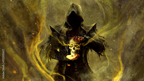 An evil dark magician in a hood holds a ritual skull in his hands, whose eyes are burning. he is surrounded by magical energy, and sparks and poisonous fog are flying in the air. 2d art