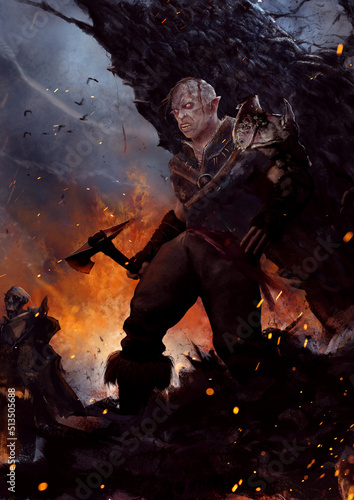 An orc with a crippled face holds an axe in his hands, he is dressed in light leather armor with fur. in the background is a huge tree and a burning bonfire. next to him is a group of bandits. 2d art