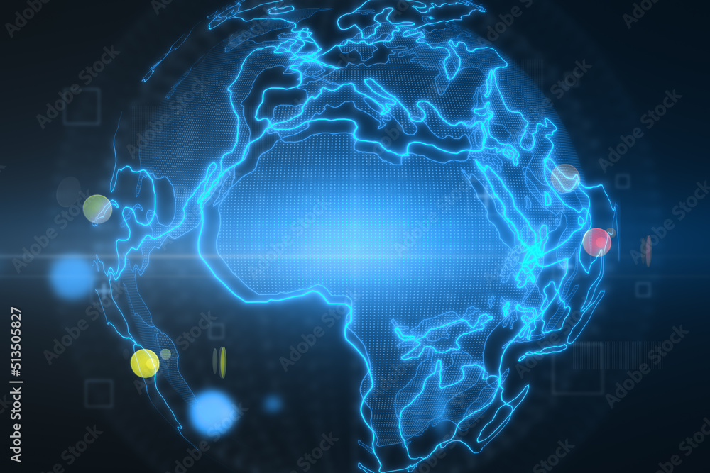 Digital graphic world map design template with Africa continent glowing lined on abstract background. 3D rendering Digital graphic world map design template with Africa continent glowing lined on abstract background. 3D rendering