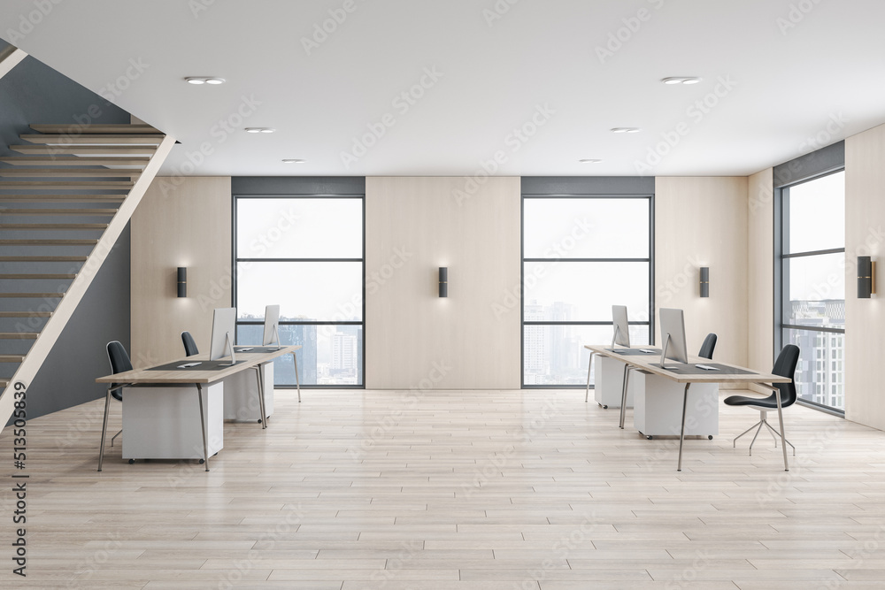 Fototapeta premium Bright two floors wooden and concrete duplex office interior with panoramic city view, furniture and daylight. 3D Rendering.