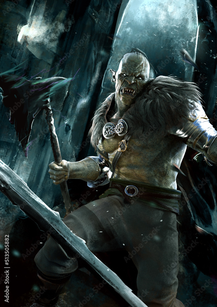 an-orc-in-heavy-armor-with-a-huge-axe-stands-in-the-castle-in-the-rays