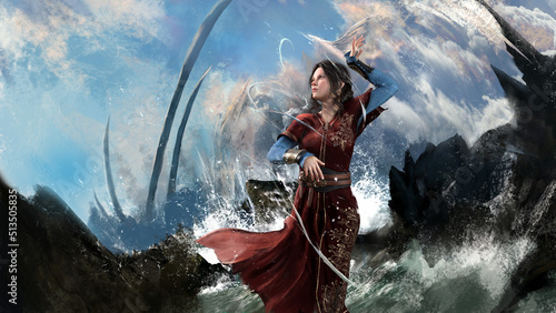 A beautiful magical girl in a red dress embroidered with gold patterns stands on the seashore and conjures. clouds in the shape of birds float through the air and splashes of water.  2d art