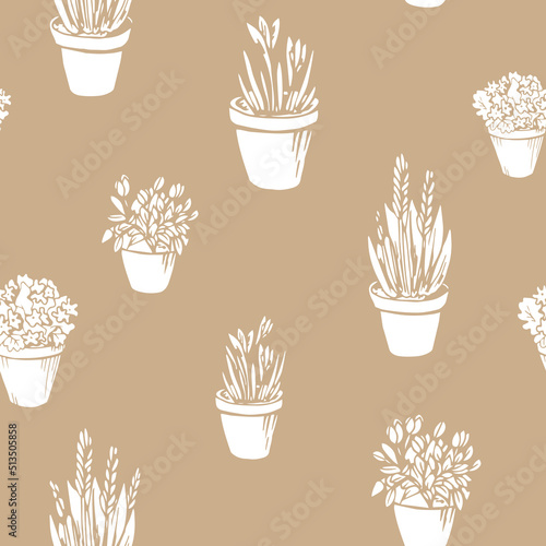 Simple art seamless pattern with silhouette flowerpots, flower, pot. White elements on a beige background. Hand drawn vector illustration object. Home, garden, Interior concept or decor.