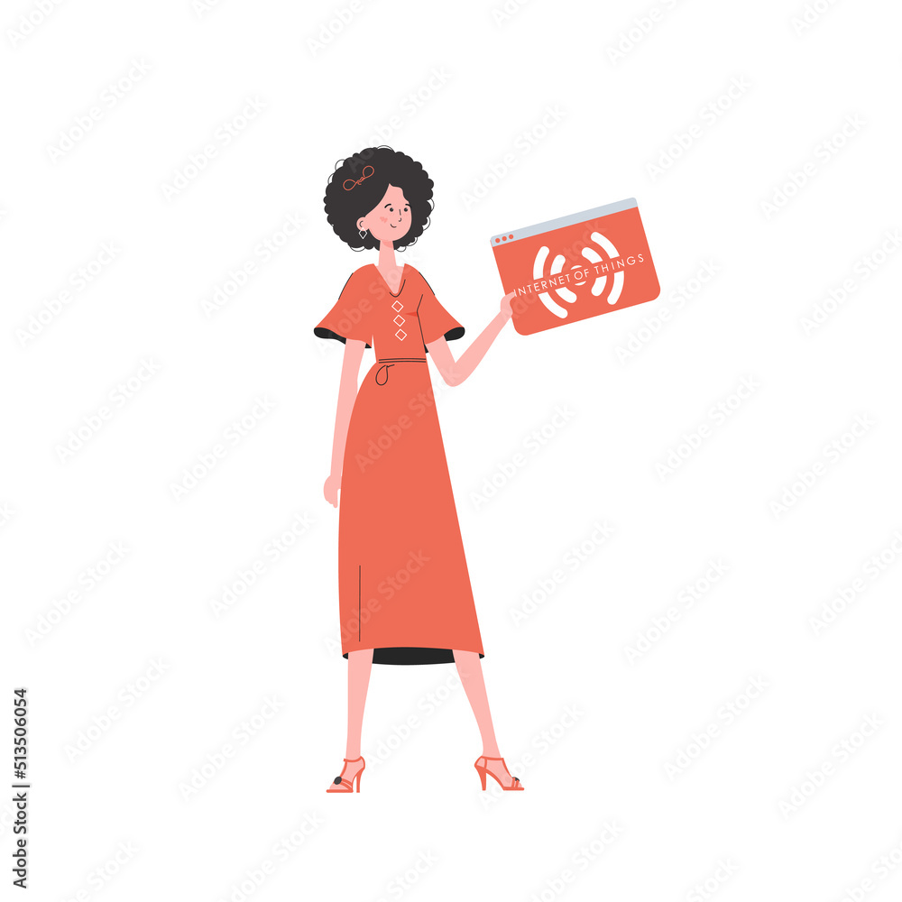 The girl is holding the IoT icon in her hands. Internet of things concept. Isolated. Vector illustration in trendy flat style. The girl is holding the IoT icon in her hands. Internet of things concept. Isolated. Vector illustration in trendy flat style.