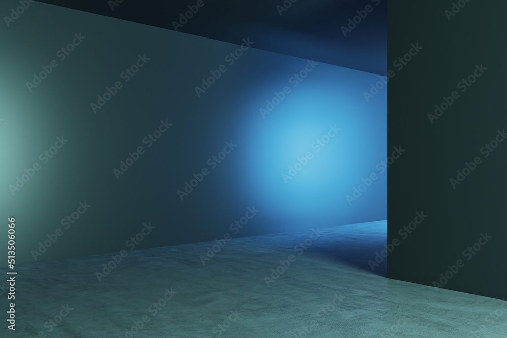 Perspective view on blank dark wall with backlit and place for advertising banner or poster in abstract empty hall with concrete floor. 3D rendering, mockup Perspective view on blank dark wall with backlit and place for advertising banner or poster in abstract empty hall with concrete floor. 3D rendering, mockup