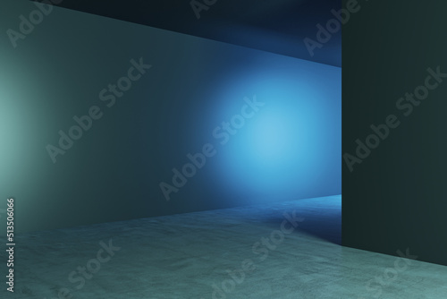 Perspective view on blank dark wall with backlit and place for advertising banner or poster in abstract empty hall with concrete floor. 3D rendering, mockup