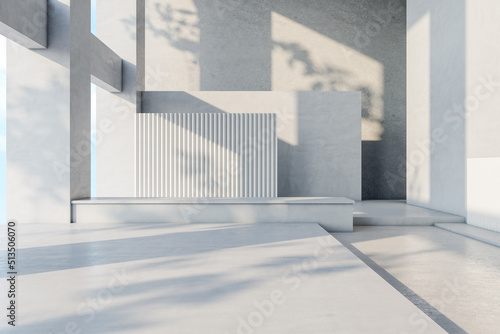 Sunlit art space hall with modern architecture design, light grey concrete walls and floor. 3D rendering photo