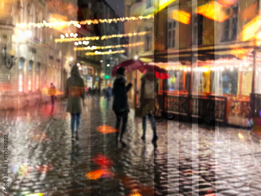  rainy city night light  street reflection people with umbrellas  buildings blurred light red yellow bokeh vew from window urban  Tallinn old town medieval  holiday  lifestyle