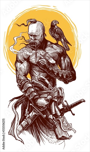 Graphic detailed ukrainian cossack warrior with hawk smoking pipe and holding sword. Vector with yellow sun on background.